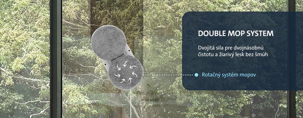 Robotický čistič okien ETA Finestro Smart 6329 90000 svetlo modrá Detail robotického čističa ETA Finestro Smart prisatého na okne. Infografika s šípkami znázorňuje rotačný systém dvoch mopov (Double mop system) pre dvojnásobnú čistotu a žiarivý lesk bez šmúh.