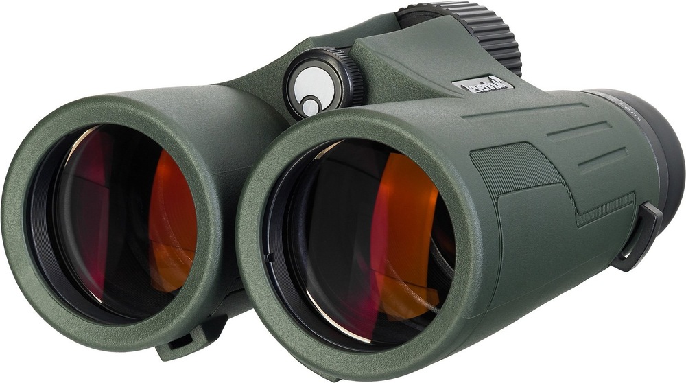 Ďalekohľad Levenhuk New Karma PRO ED 12x42 zelený Detail prednej časti objektívu s dvoma veľkými šošovkami