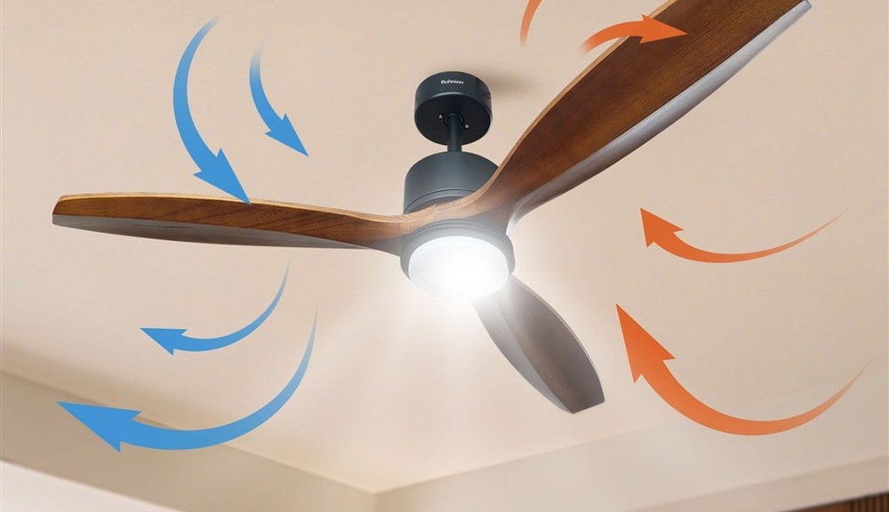 Ventilátor stropný Rohnson R-8160 čierny/hnedý Stropný ventilátor Rohnson so znázornením cirkulácie vzduchu v lete aj v zime.