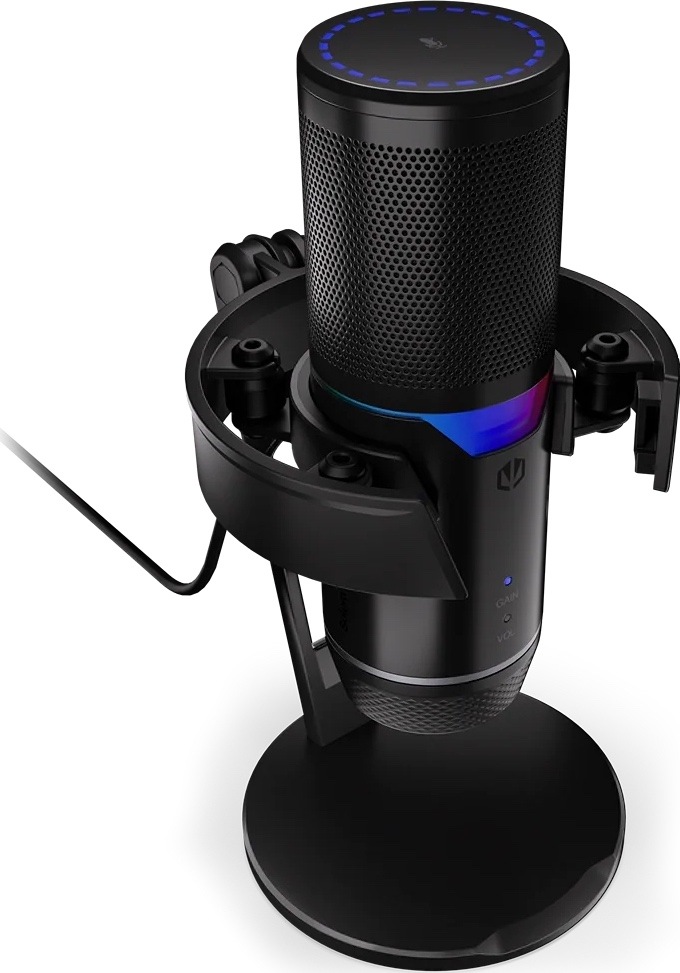 Mikrofón ENDORFY Solum 2 Pro čierny Šikmý horný pohľad na mikrofón ENDORFY Solum 2 Pro s dotykovým stlmením, RGB podsvietením a antivibračným držiakom.