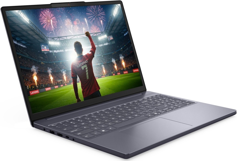 Notebook Lenovo IdeaPad Slim 3 15IPH11 sivý Notebook Lenovo s dynamickou futbalovou scénou na displeji a pohľadom na bočné konektory