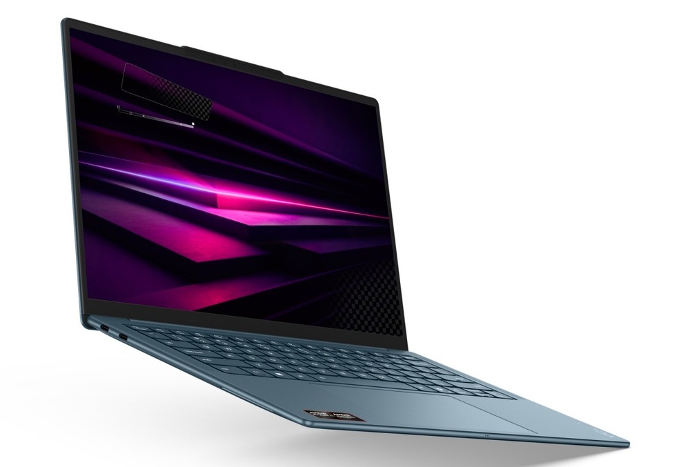 Notebook Lenovo Yoga Slim 7 14AGP11 modrý Otvorený a zapnutý notebook Lenovo Yoga Slim 7 14AGP11 otočený doprava