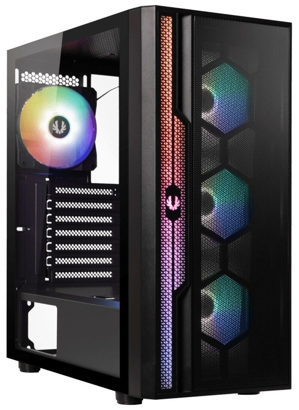 Case BitFenix Apollo čierna Pohľad na PC skriňa z ľavej prednej strany. Je vidieť vnútro so svietiacimi ventilátormi. Tiež sú vidieť jemne perforované časti PC skrine - predné čelo, zadná stena s otvormi.