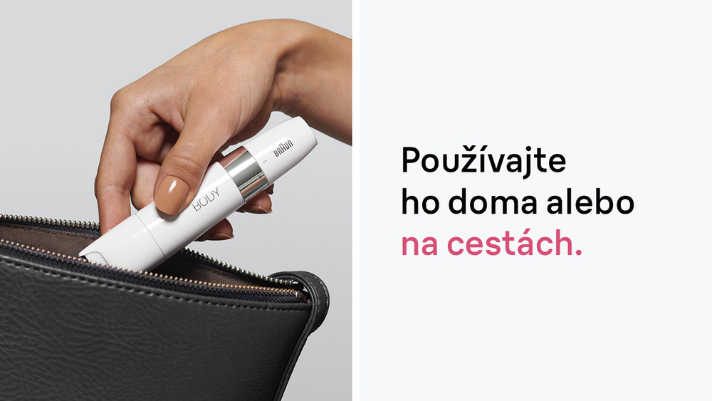 Žena ukladá minizastrihávač Braun BS1000 do kabelky na použitie doma aj počas cestovania.