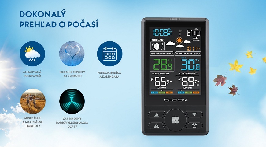 Meteorologická stanica GoGEN ME 1250 čierna Čelný pohľad na meteostanicu GoGEN ME 1250 zobrazujúcu namerané informácie o počasí
