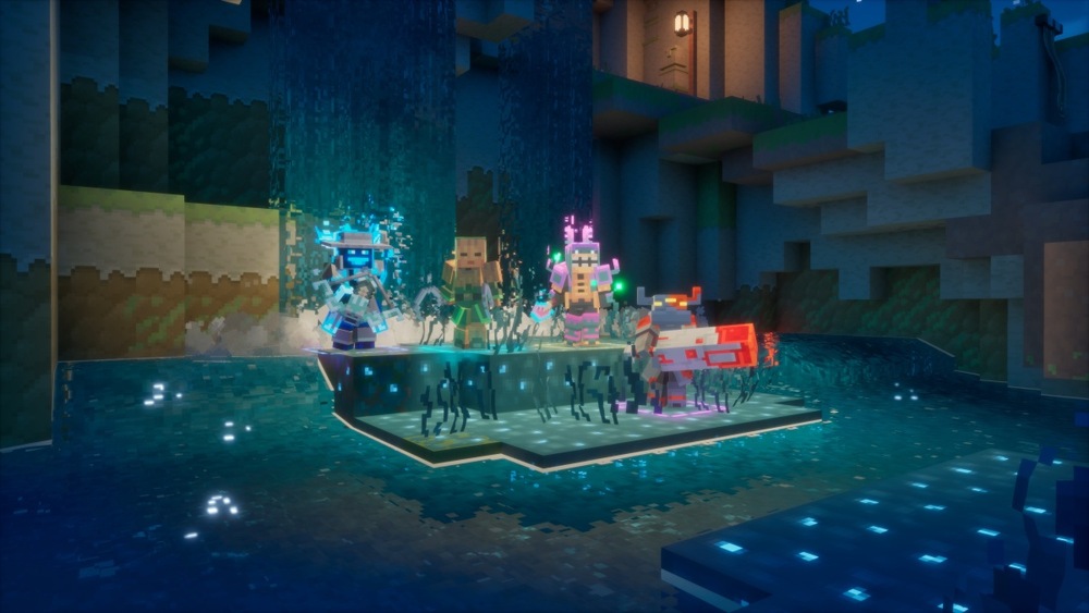 Záber z hry Minecrat Dungeons II. V hernej scéne vidíme hrdinov osvetlených neónovými svetlami v nočnej krajine.