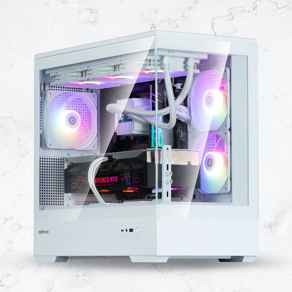 Case Zalman P30 White V2 biela Elegantná biela počítačová skriňa s priehľadným bočným panelom, na ktorom sú vidieť farebné komponenty s RGB podsvietením. Je vybavený niekoľkými ventilátormi a viditeľnou grafickou kartou.