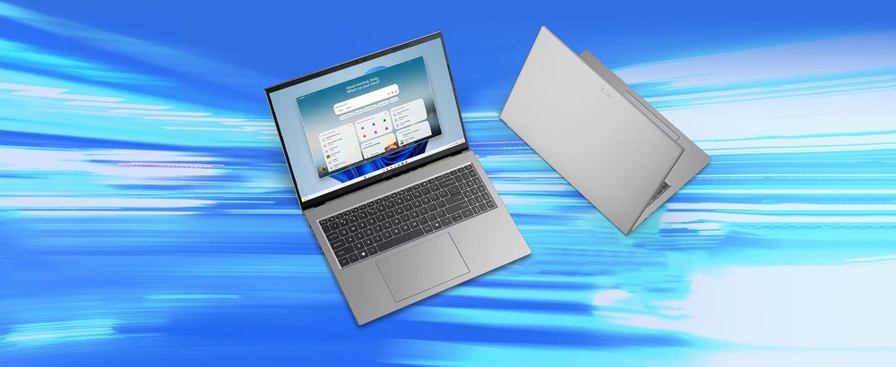 Otvorený a čiastočne zatvorený notebook Aspire Go 16 v elegantnom dizajne