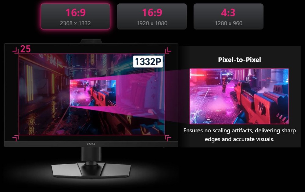 Herný monitor MSI MPG 272QRF X36 s ukážkou rôznych pomerov strán a režimu Pixel to Pixel