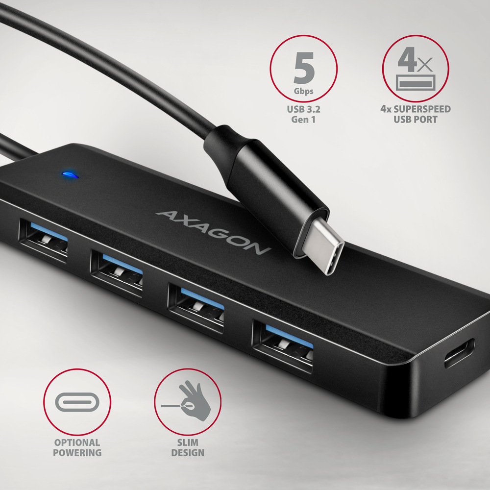 USB Hub Axagon 4x USB/USB-C, kábel USB-C 19cm čierny USB Hub Axagon 4x USB/USB-C, kábel USB-C 19cm čierny