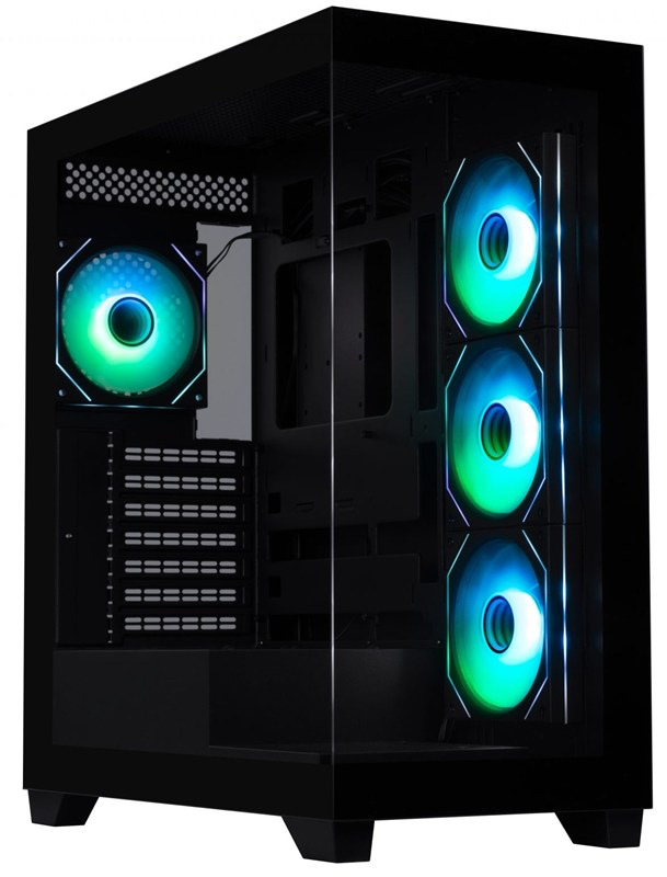 Na snímke je pc skriňa case BitFenix ​​Premium v ​​čiernej farbe. Pohľad do vnútrajška skrine cez presklený predný ľavý roh. Tiež vidíme štyri RGB ventilátory.
