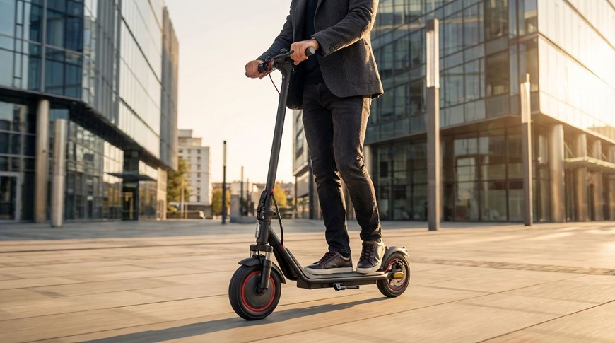 Elektrická kolobežka Sencor SCOOTER S31 čierna Muž ide na elektrickej kolobežke Sencor SCOOTER S31 po modernej mestskej zóne medzi presklenými kancelárskymi budovami. Kolobežka má čierny dizajn s červenými detailmi a pôsobí dynamicky pri jazde po hladkom povrchu.