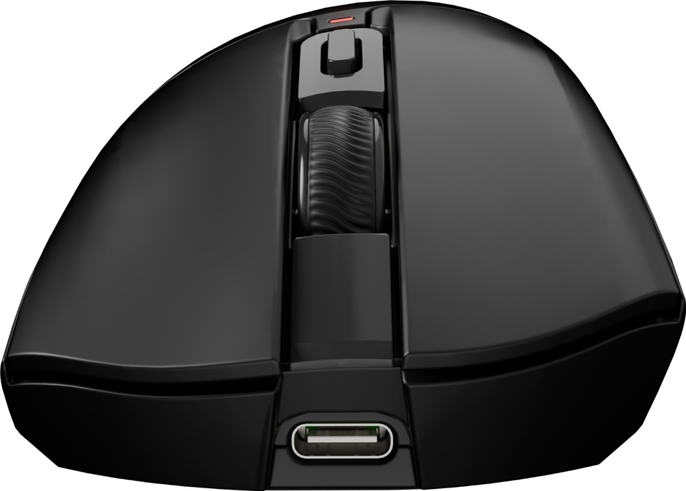 Myš Genesis Zircon 880 PRO čierna Čelný pohľad na myš Genesis Zircon 880 PRO s konektorom USB-C uprostred. Nad ním sú dve hlavné tlačidlá, pogumované rolovacie koliesko, tlačidlo DPI a červená kontrolka.