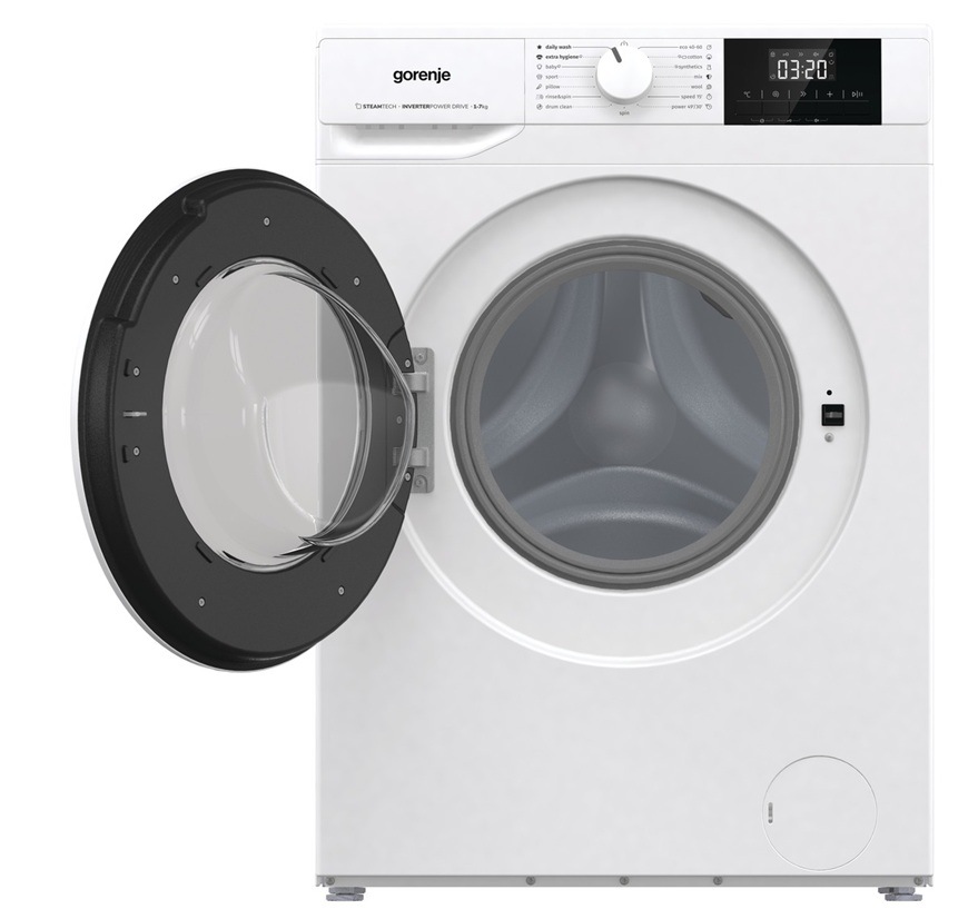 Práčka Gorenje WNGPI72SBS biela Na obrázku je práčka Gorenje WNGPI72SBS s otvorenými dvierkami. Tento model sa pýši programom PowerWash 49'/30'