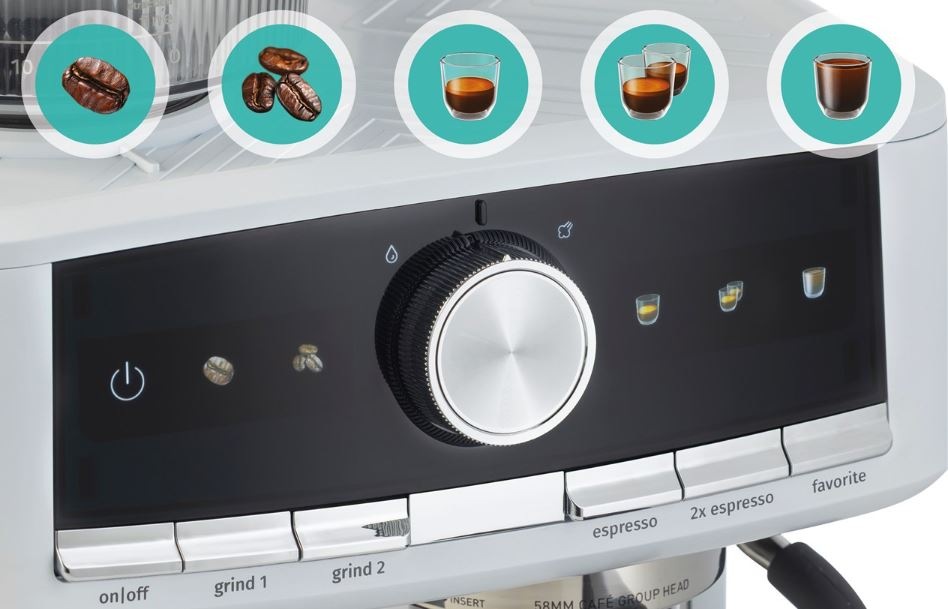 detail na ovládaci panel kávovaru GORENJE GSACM20W. V koliesku sú zrná aj varianty výeldného nápoja