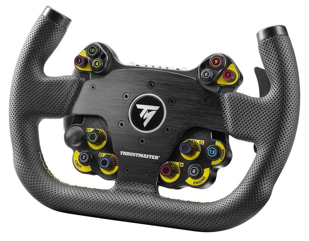Volant Thrustmaster EVO Racing 31U Leather Add-on, PS5/4, Xbox Series, Xbox One, PC čierny Detailný pohľad na volant Thrustmaster EVO Racing 31U Leather Add-on s perforovaným koženým poťahom a radom tlačidiel a voličmi