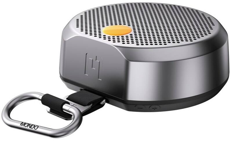 Sivý prenosný reproduktor Mondo Speaker Small s karabínou a oranžovým detailom