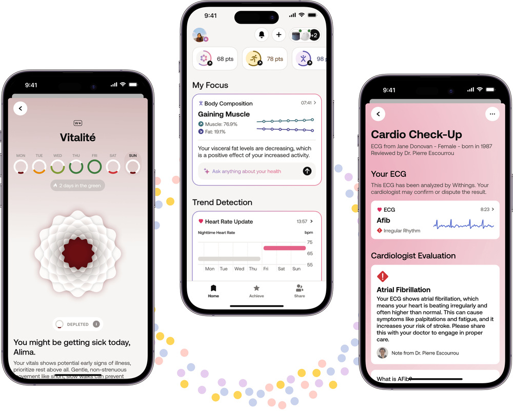 Tlakomer na pažu Withings BPM Connect WPM05 s Wi‑Fi sivý Tri smartfóny s aplikáciou Withings zobrazujúce vitalitu, zloženie tela a výsledky EKG vyšetrenia.