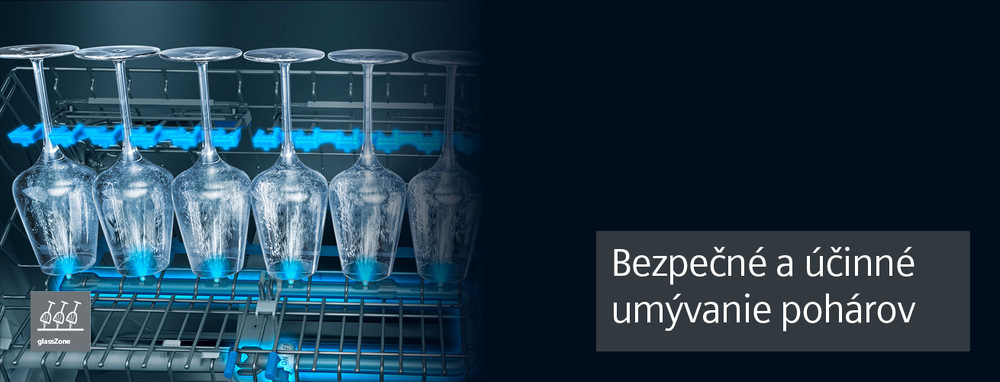 šesť pohárov na stopke v umývačke Siemens v glass zone a nápis "bezpečné a účinné umývanie pohárov"