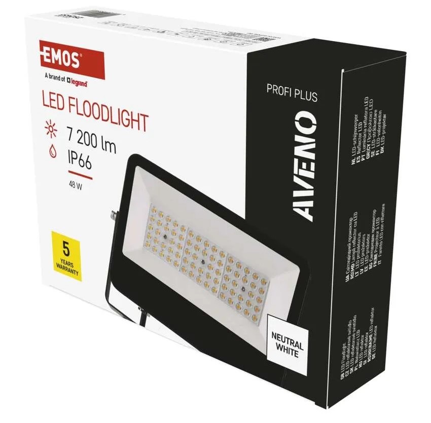 Reflektor EMOS AVENO, 48W, 7200lm, neutrálna biela čierny LED REFLEKTOR AVENO 48W 7200LM IP66 NW