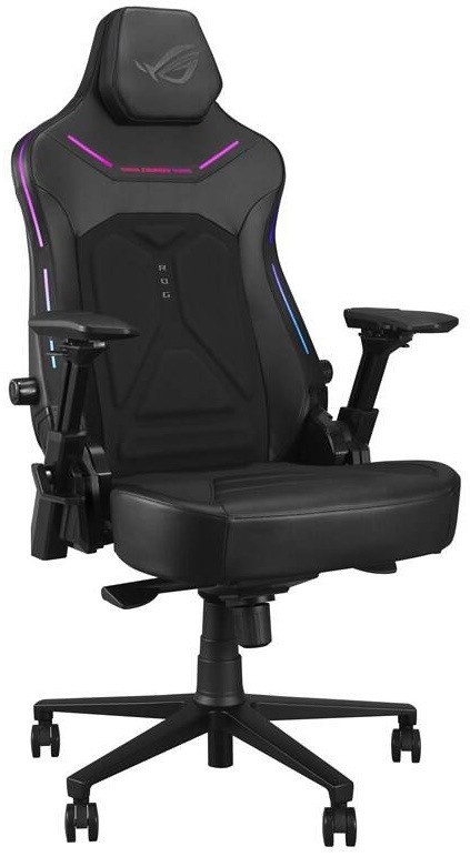 Čierna herná stolička Asus ROG Courser s RGB podsvietením na opierke chrbta a podrúčkach
