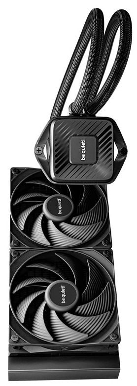 Na obrázku je vodný chladič be quiet! Pure Loop 3 280. Dole je úzky radiátor s dvoma veľkými čiernymi ventilátormi nad sebou, ktoré majú lopatky s jemným rebrovaním a uprostred logo „be quiet!“. Z radiátora vedú nahor dve opletené hadice k pumpe/bloku na procesor – je to čierny, zaoblený štvorec s nápisom „be quiet!“ a drobným symbolom plus na boku. Celá zostava je čierna a pôsobí ako kompaktný vodný okruh na chladenie CPU.