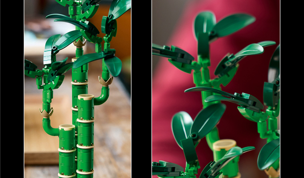 Stavebnica LEGO® Botanicals 10344 Bambus štěstí Tri bambusové stonky, zelené listy, okruhliaky a sokel s efektom dreva vytvárajú autentický prírodný vzhľad.