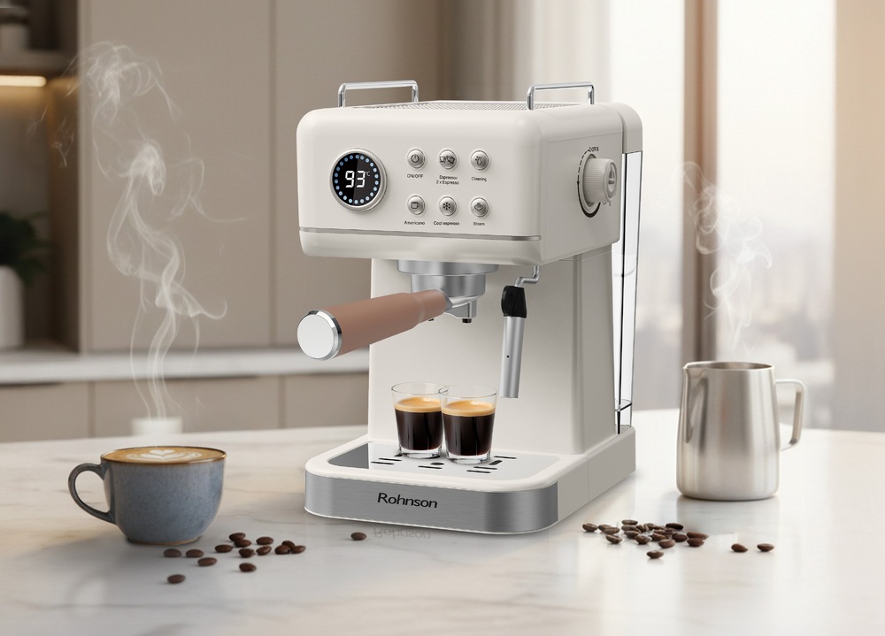 Pákový kávovar Rohnson R-98036 Hot & Cold krémový Kávovar Rohnson R-98036 Hot & Cold je umiestnený na kuchynskej linke, vedľa neho je pripravené cappuccino, karafa s mliekom a okolo sa nachádza niekoľko zrniek kávy.