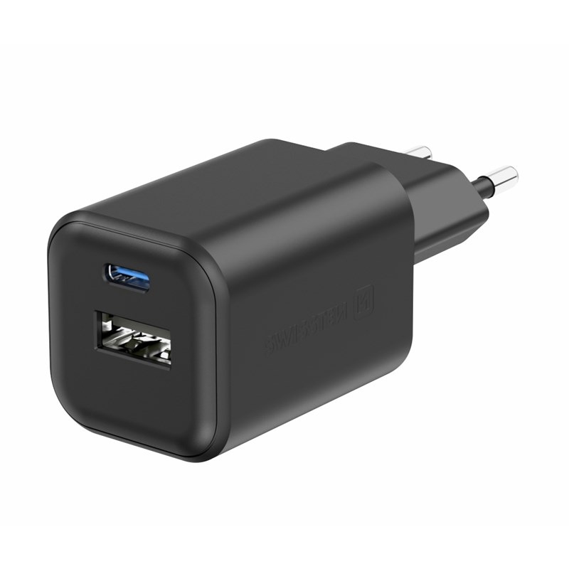 Nabíjačka do siete Swissten GAN 1x USB-C 45W PD + 1x USB-A 18W QC čierna