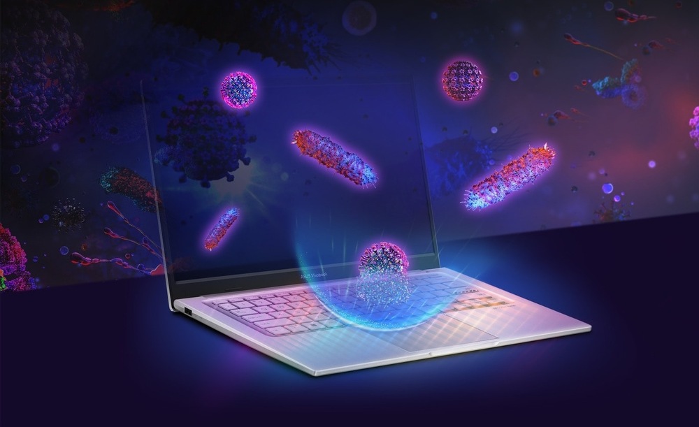 Notebook Asus Vivobook 14 strieborný Ilustrácia antimikrobiálnej ochrany povrchu notebooku ASUS Vivobook 14″ width=