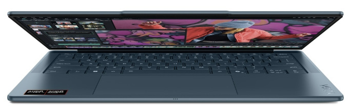Notebook Lenovo Yoga Slim 7 14AKP10 modrý Čelný pohľad na tenké telo notebooku s pootvoreným displejom a klávesnicou