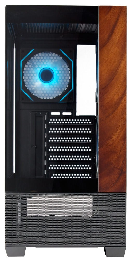 Case Cooler Master Elite 690 Wood čierna Pohľad na čelnú časť skrine s perforovanou spodnou časťou a zvislou drevenou dekoračnou lištou.