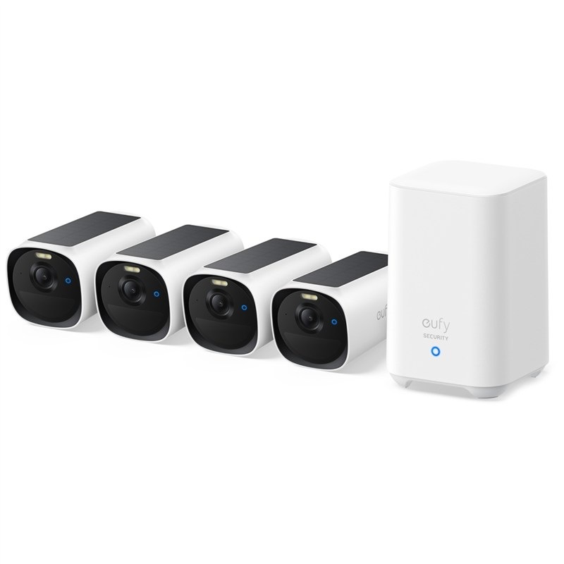 Súprava obsahuje štyri IP kamery Anker eufy E40 a centrálnu jednotku HomeBase 3″ width=