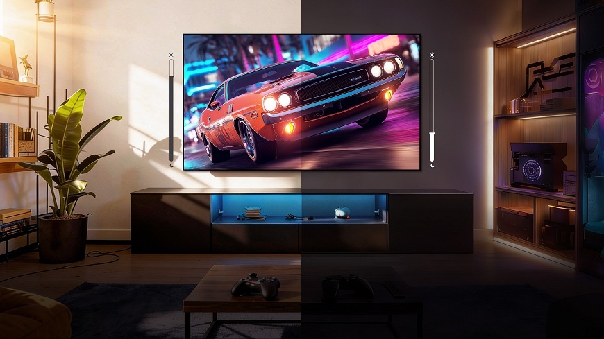 Televízor Hisense 75E7S PRO televízia Hisense 75E7S PRO s idúcim autom na displeji visí na stene v obývačke, na každej polovici tv sú ukázané iné svetelné podmienky
