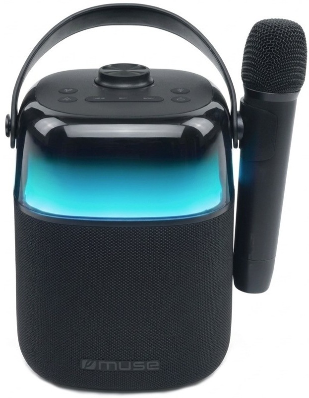 Čierny Bluetooth karaoke reproduktor Muse M-520 KA s modrým podsvietením a mikrofónom