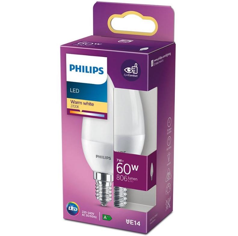 LED žiarovka Philips sviečka, 7W, E14, teplá biela