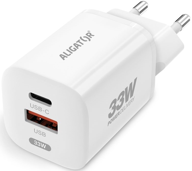 Nabíjačka do siete Aligator Power Delivery 33W, USB-C + USB-A biela