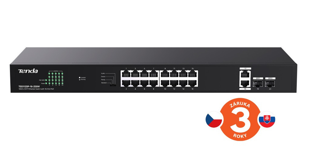 Switch Tenda TEG1120P-16-250W čierny