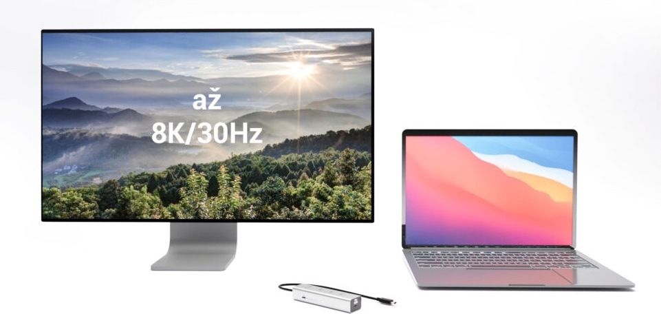 USB Hub i-tec iUSB-C Charging Metal HUB 5port, USB-C video 8K, PD 85W strieborný Na obrázku je reklamná grafika k USB-C hubu i-tec. Vľavo je veľký monitor so záberom horskej krajiny pri východe alebo západe slnka a cez obraz je napísané „až 8K/30Hz“. Vpravo je otvorený notebook s farebnou tapetou a medzi nimi dole leží malý strieborný húb pripojený káblom. Hore je český nápis „Krištáľovo čisté video s ultra vysokým rozlíšením“. Obrázok zdôrazňuje, že húb umožňuje pripojiť externý displej vo veľmi vysokom rozlíšení.