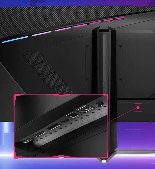 Zadná strana monitora MSI MPG 346CQRF X24 s detailom dostupných konektorov