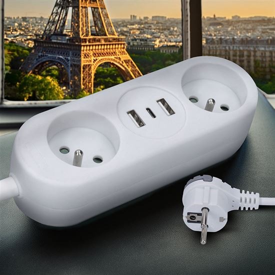 Kábel predlžovací Solight 2x zásuvka, 2x USB + 1x USB-C, 1,5 m biely Kábel predlžovací Solight 2x zásuvka, 2x USB + 1x USB-C, 1,5 m biely