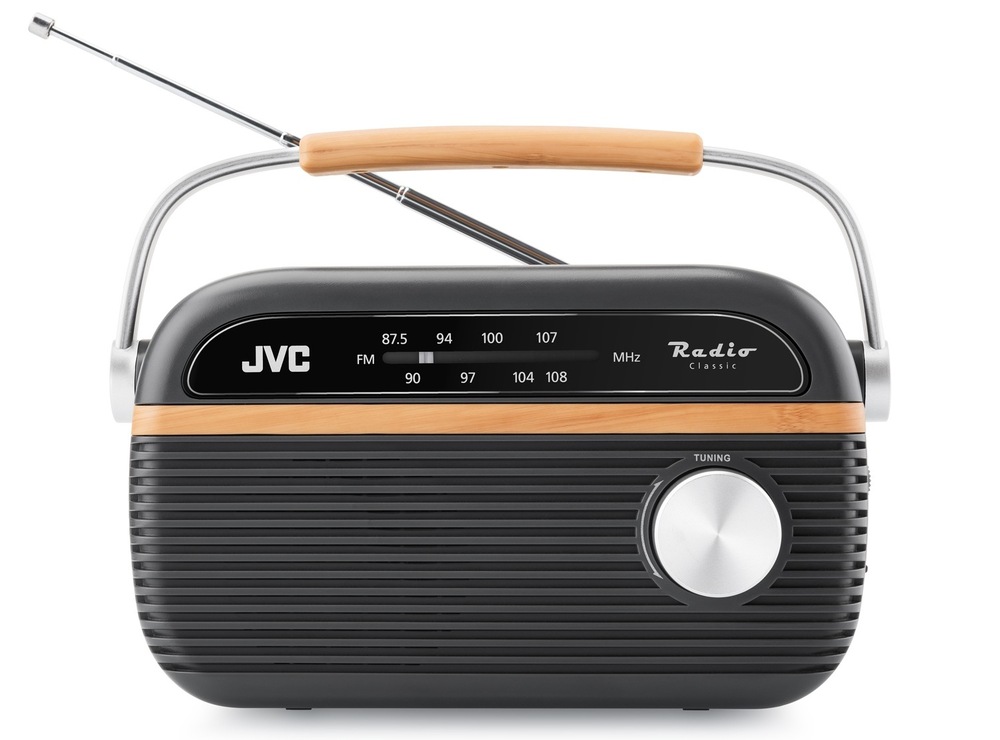 Čelný pohľad na šedé analógové rádio JVC RA-E215G s vysunutou anténou a madlom v retro dizajne so strieborným otočným ovládačom
