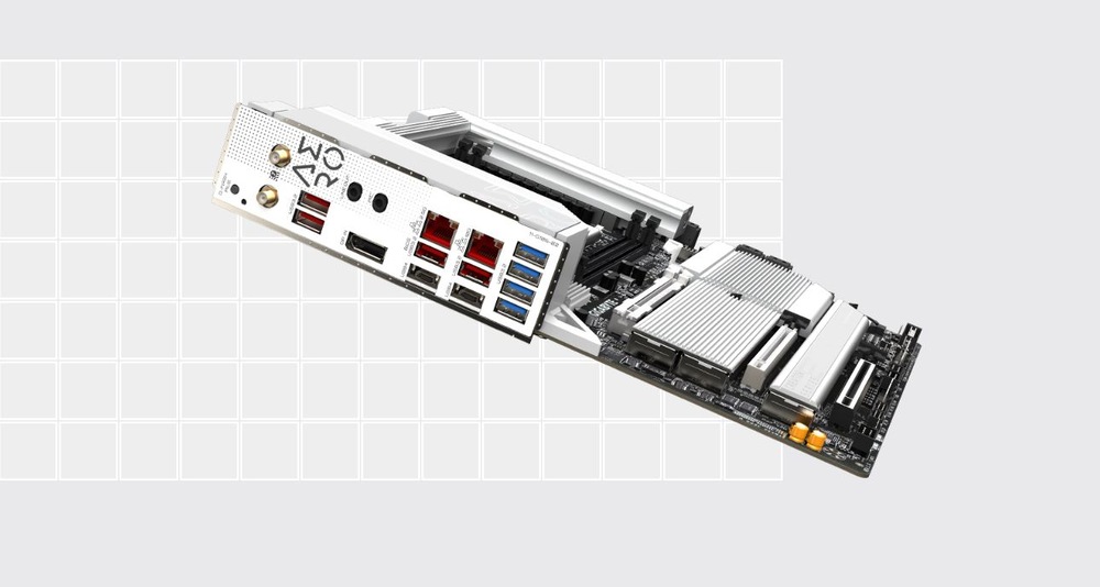 Základná doska GIGABYTE TRX50 AERO D Obrázok zobrazuje zadný panel počítača s niekoľkými portami, vrátane USB, HDMI a Ethernet. Ikony hore označujú podporu 5G LAN a Wi-Fi 7. Vpravo je vyobrazená biela anténa.
