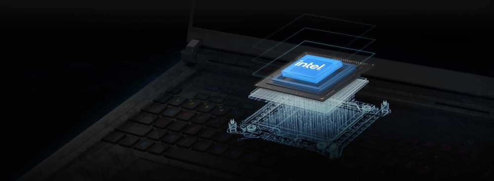 Digitálne zobrazenie čipu Intel vznášajúceho sa nad klávesnicou notebooku, ilustrujúcou technológiu a inovácie s futuristickým dizajnom.