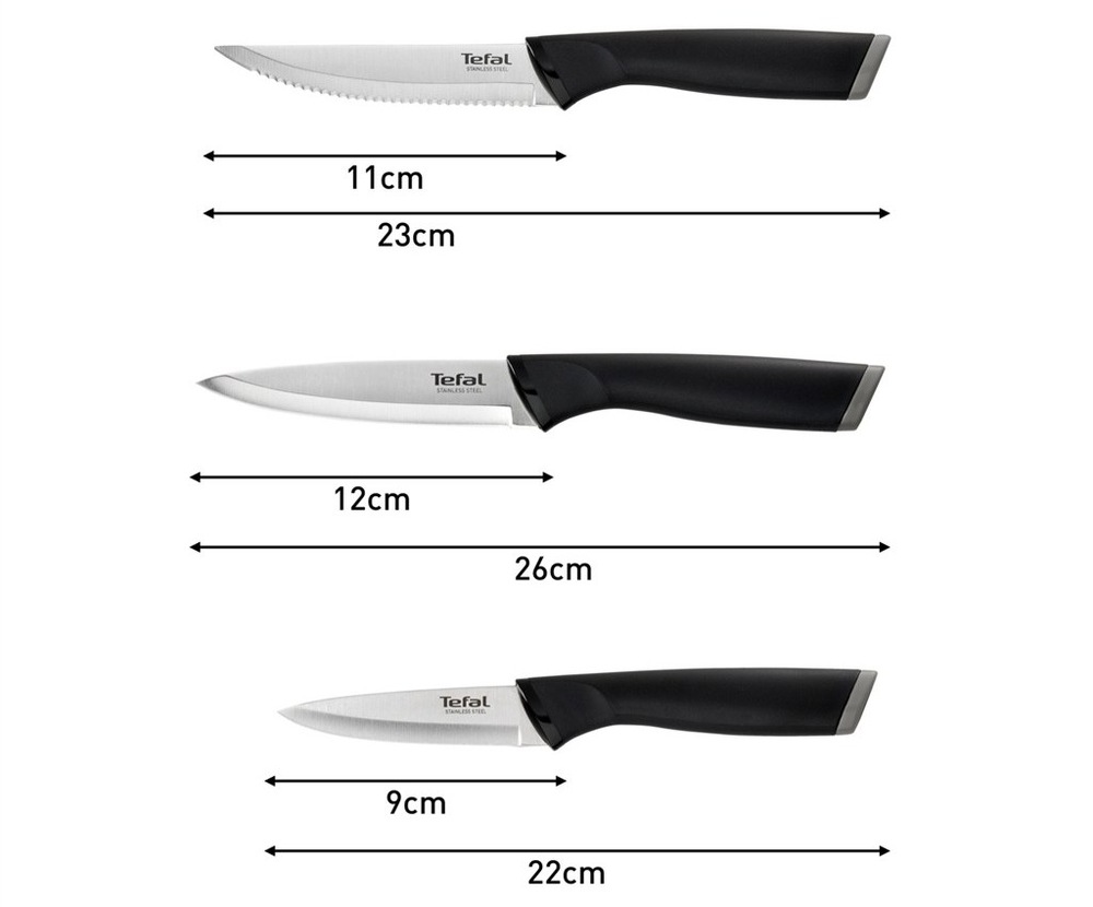 Sada kuchynských nožov Tefal Essential K2219455, 3 ks nerez Tri nože zo sady Tefal Essential K2219455 vrátane uvedených rozmerov