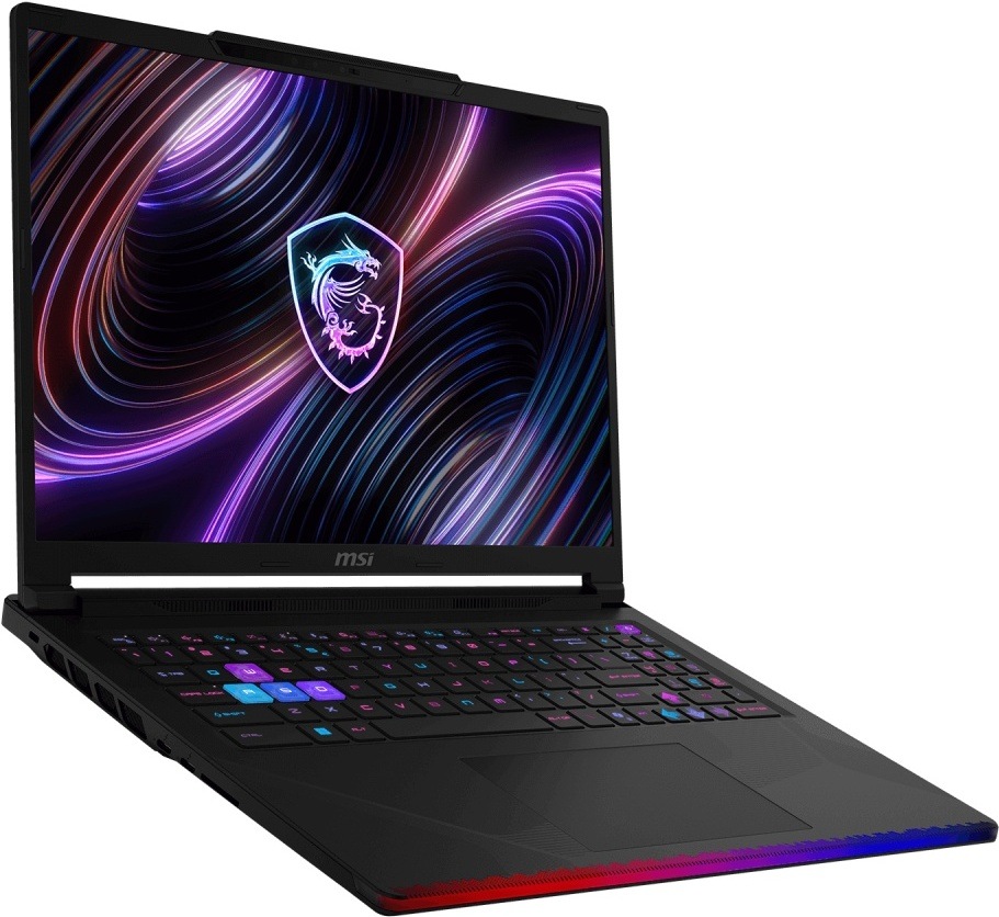 Notebook MSI Raider 16 Max HX B2WI-268CZ čierny Herný notebook MSI Raider 16 Max HX B2W z pravého predného uhla s RGB klávesnicou a svetelnou lištou na prednej hrane sa chváli modernou grafikou