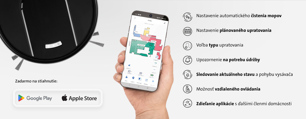 Robotický vysávač ETA Aron 2 3588 90000 čierny Čierny robotický vysávač 2 v 1 ETA Aron 2 v elegantnom matnom prevedení zaparkovaný v nabíjacej stanici. Pohľad zhora zdôrazňuje jeho nízky profil a čistý dizajn s logom ETA