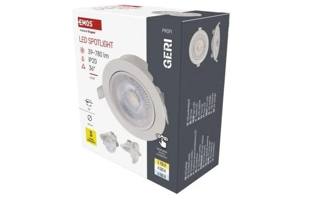 Vstavané svietidlo EMOS Geri 6,5 W, 10cm, 780lm, teplá-studená biela biele LED SVIETIDLO GERI VES. KR 6,5 W 780LM IP20 CCT B