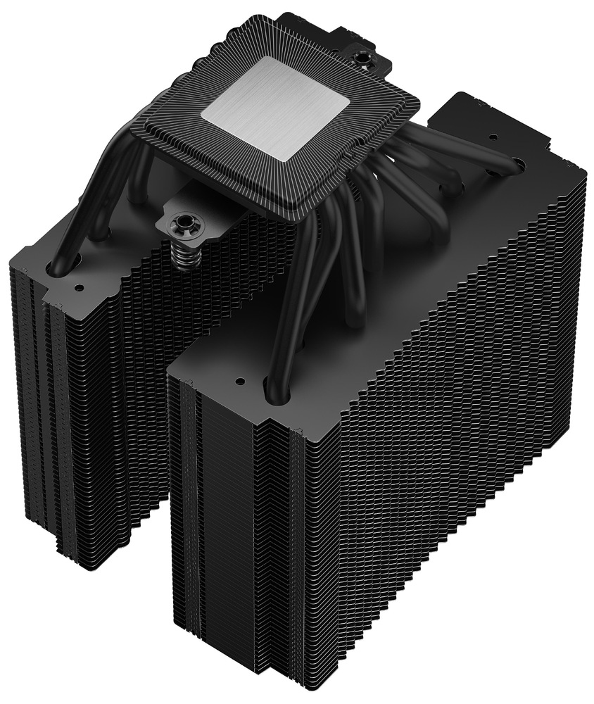 Snímka spodnej strany chladiča. Sú vidieť spomínané heatpipe, vedúce od základne do chladiča.