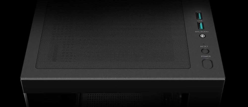 Case DeepCool CG580 čierna Horný pohľad na elegantnú čiernu počítačovú skriňu s perforovaným kovovým panelom pre vetranie, USB porty a audio konektory na boku.
